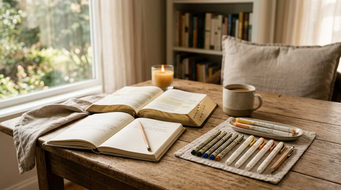 Bible study supplies including highlighters and fine-tip pens arranged on a desk