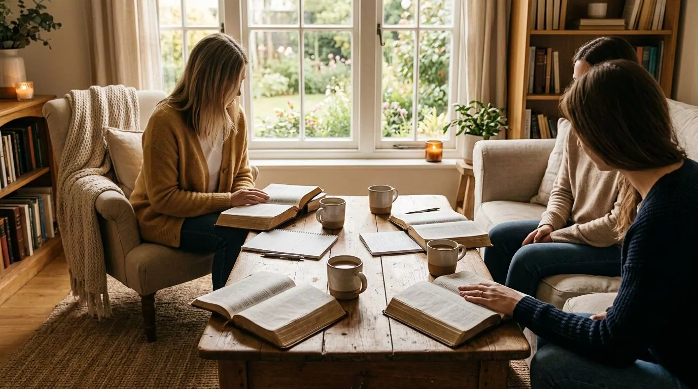 Friends studying the Bible together in a cozy living room
