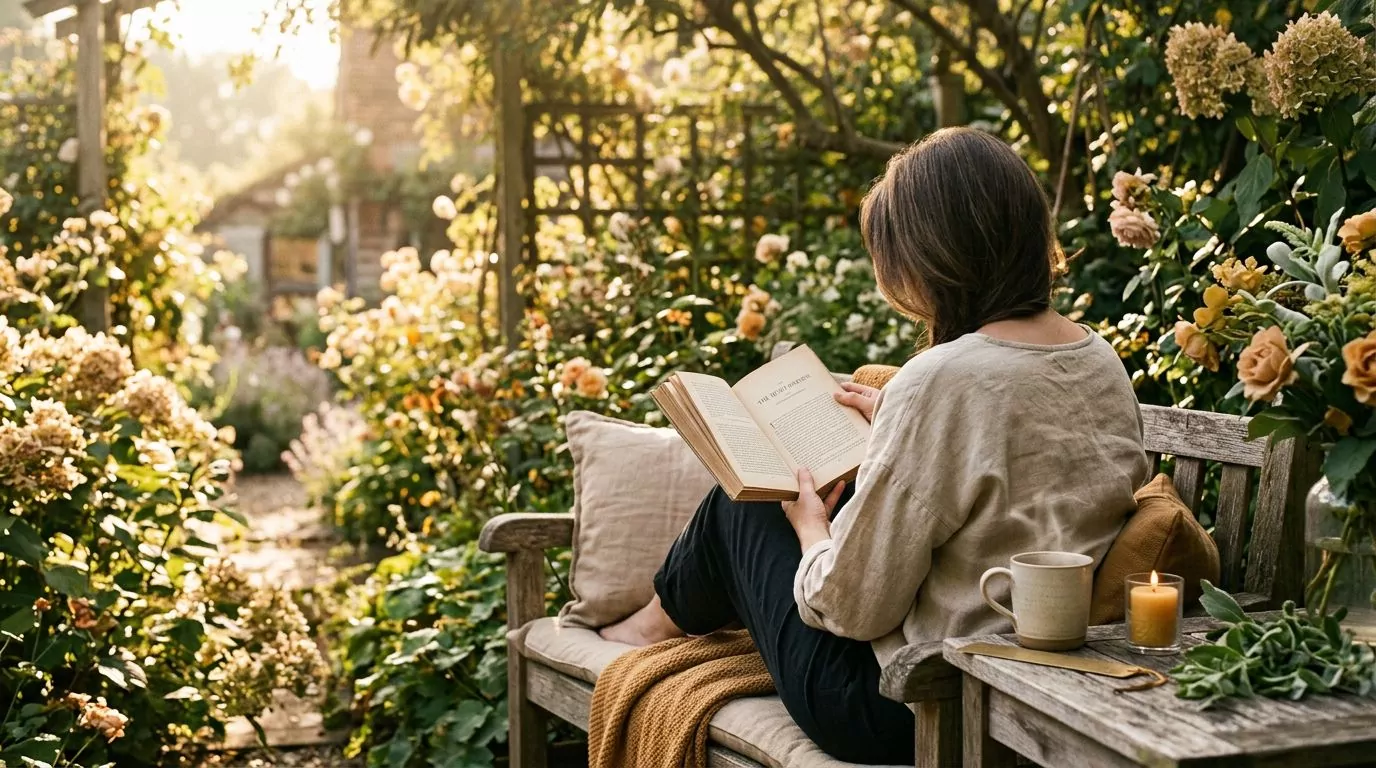 A peaceful person reading in a garden
