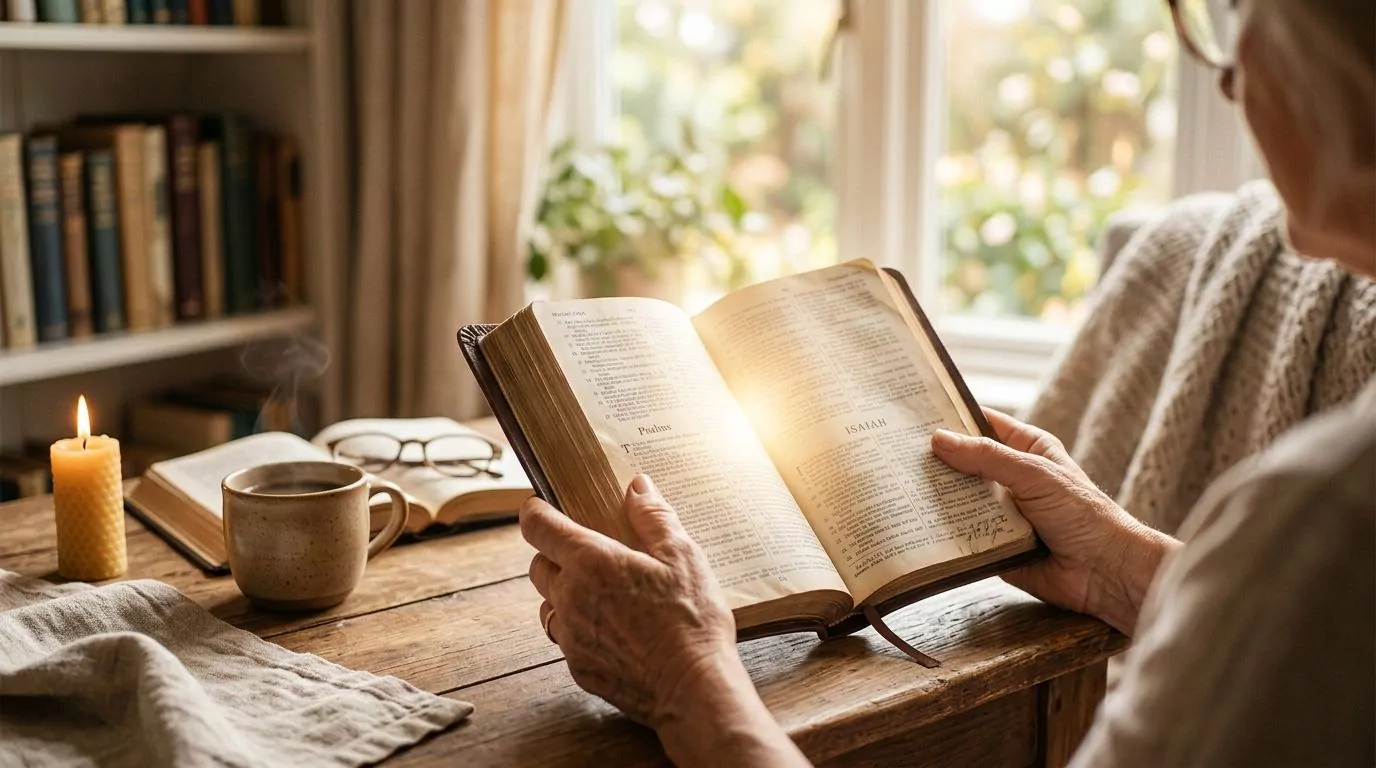 Hands holding open Bible with light streaming from pages, faith comes by hearing God's word