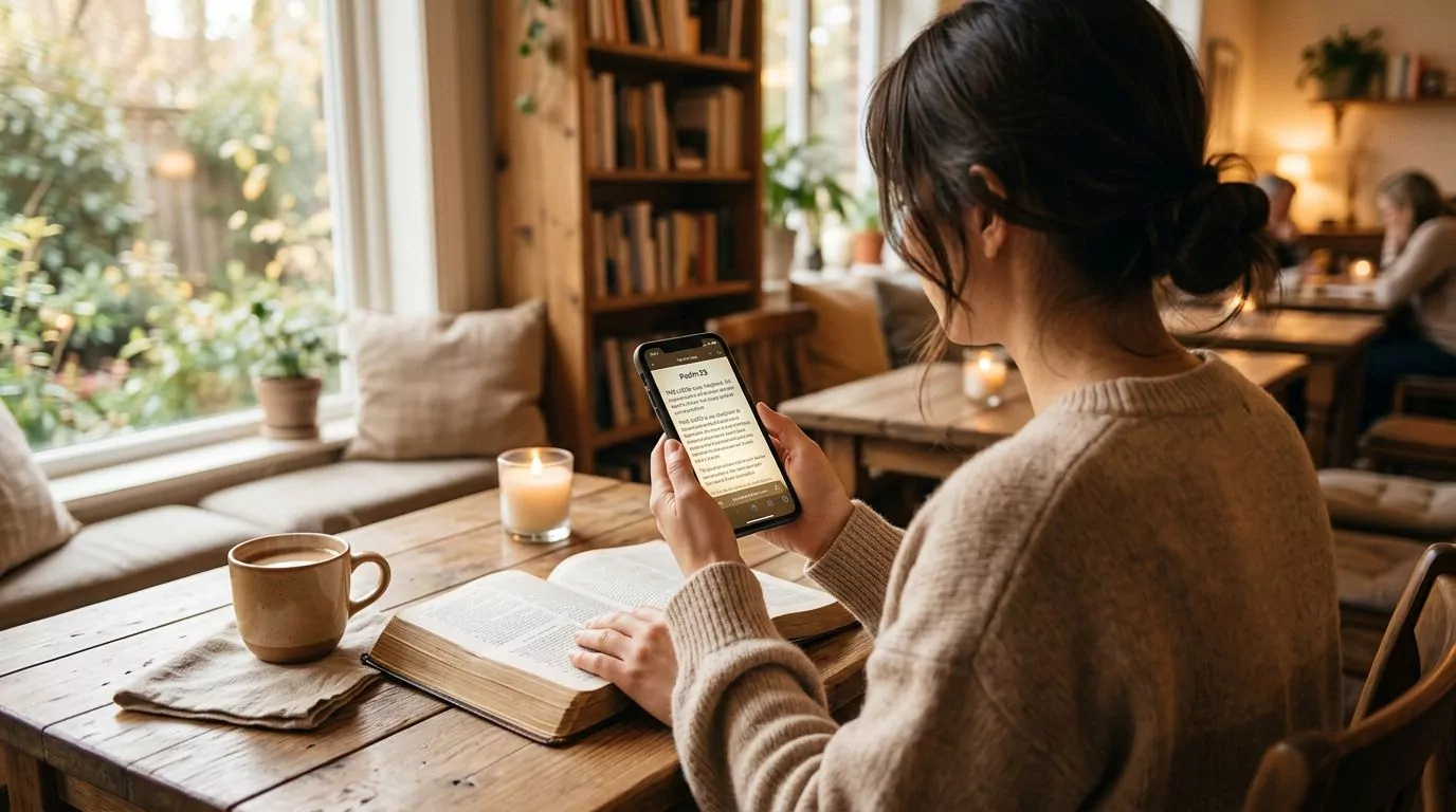 Person reading Bible on smartphone app in a peaceful coffee shop setting