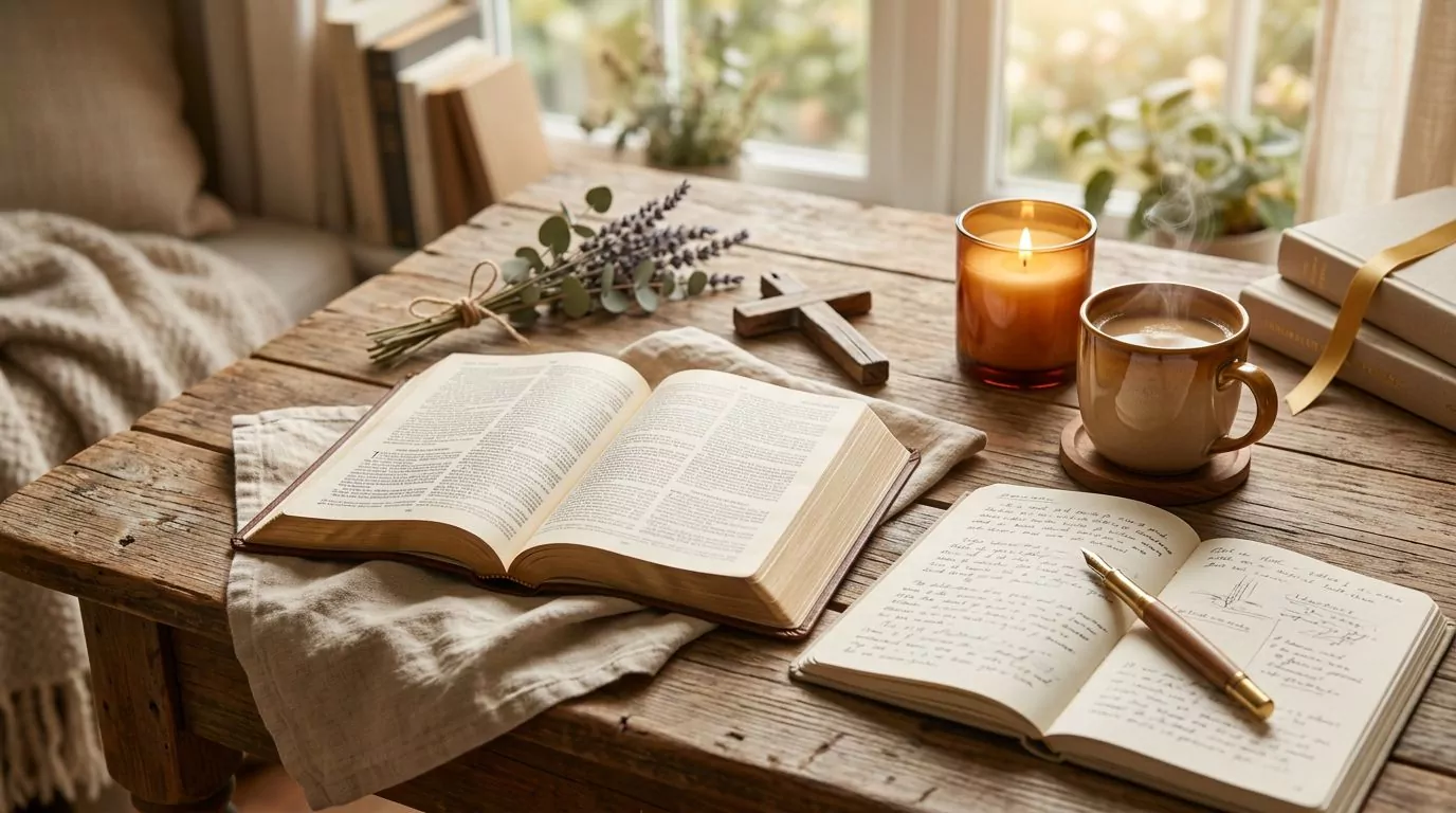 A beautiful Bible study flat lay with journal and pen