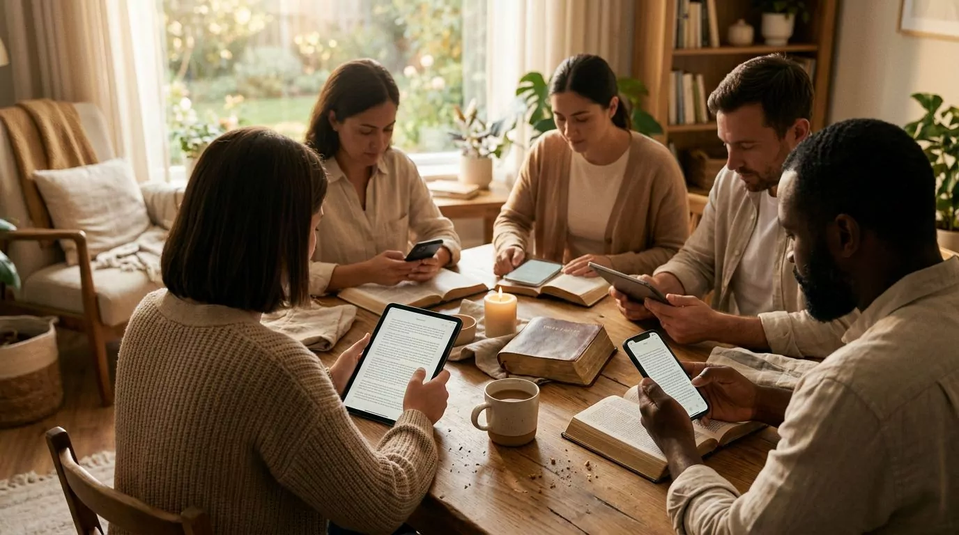 Diverse group of people using Bible apps on phones and tablets in community setting