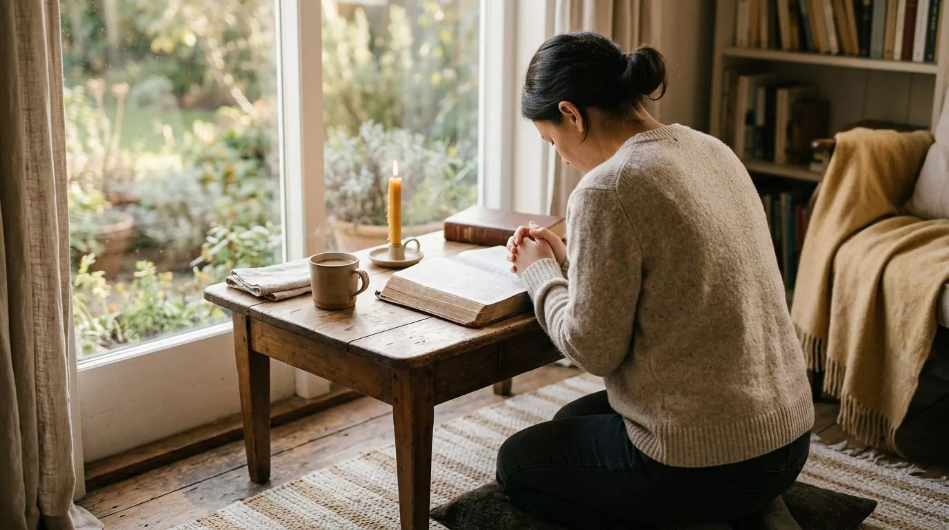Person kneeling in prayer with open Bible, representing faith and trust in God
