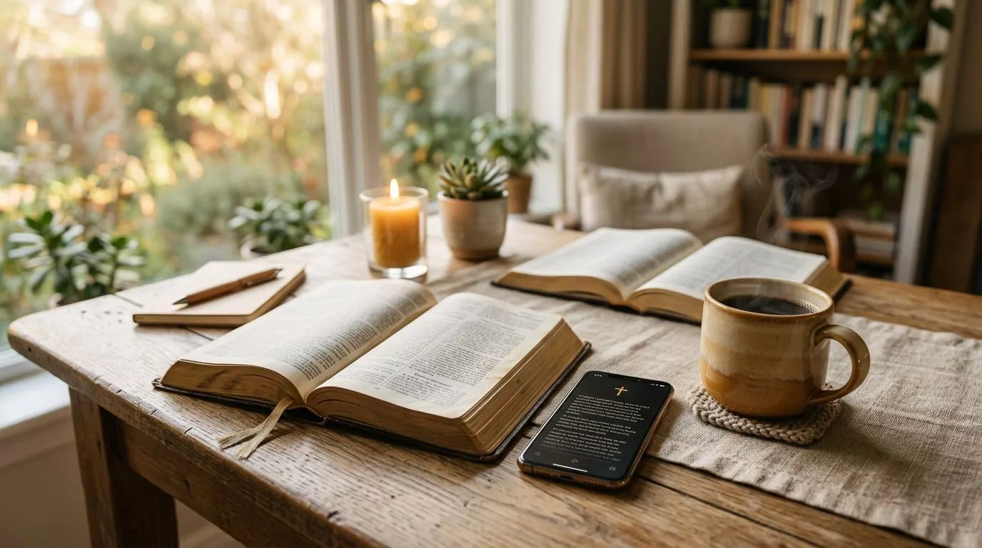 Peaceful morning scene with open Bible and smartphone showing Bible app beside coffee