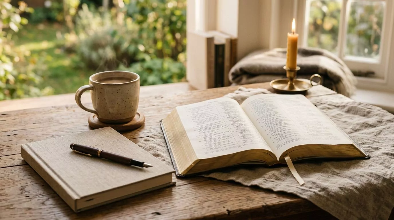 A journal and pen next to an open Bible