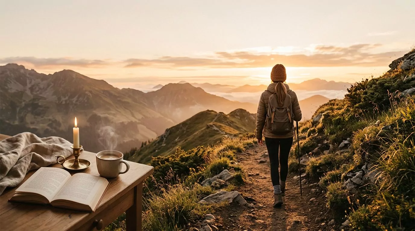 Person walking on a mountain trail at sunrise