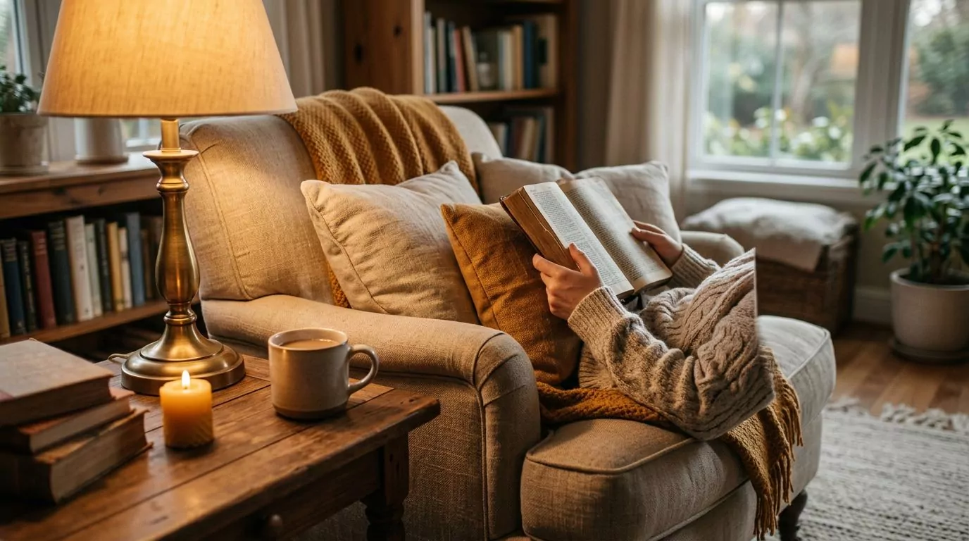 Person reading a Bible in a cozy armchair with warm lamp light
