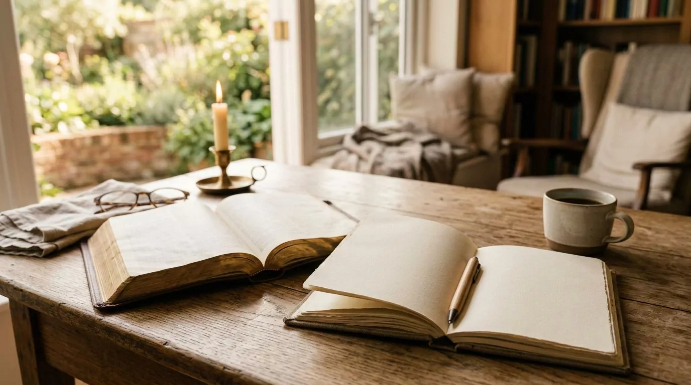 A journal and Bible open on a table with warm lighting