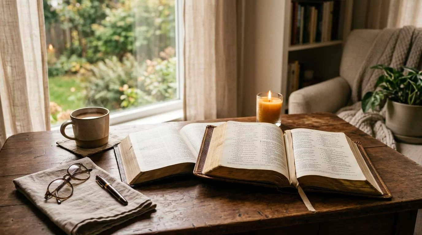 Two Bibles open side by side on a cozy reading table