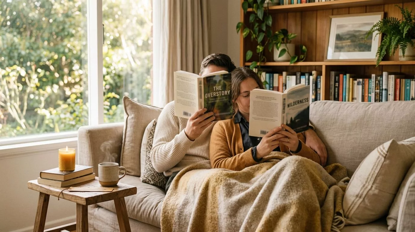Couple reading together on a couch with morning light