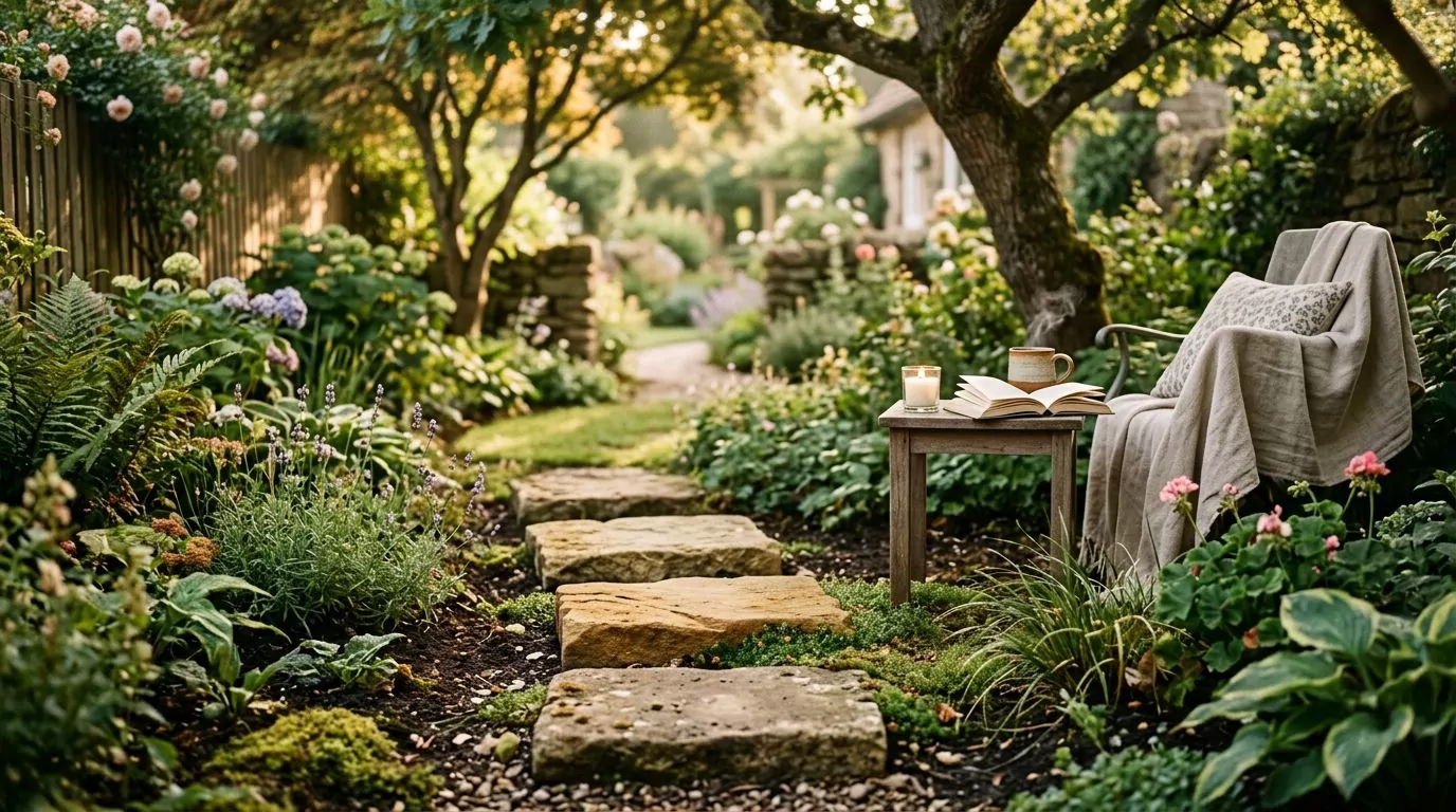 Four stepping stones in a peaceful garden path, soft morning light