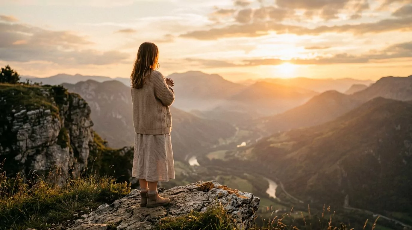 Person standing on mountain cliff in faith, looking at beautiful sunset representing trust in God's promises