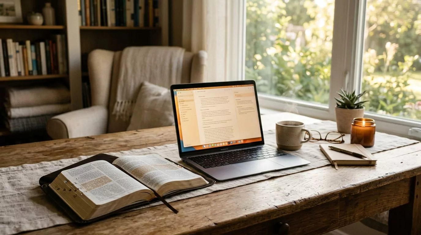 Modern Bible study setup with laptop and physical Bible
