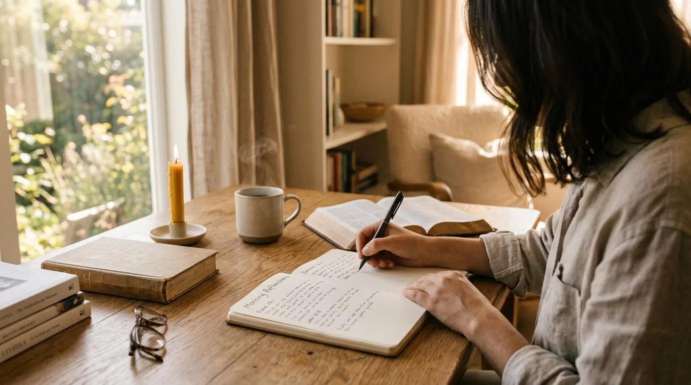 A person writing Bible verses in a notebook at a sunlit desk