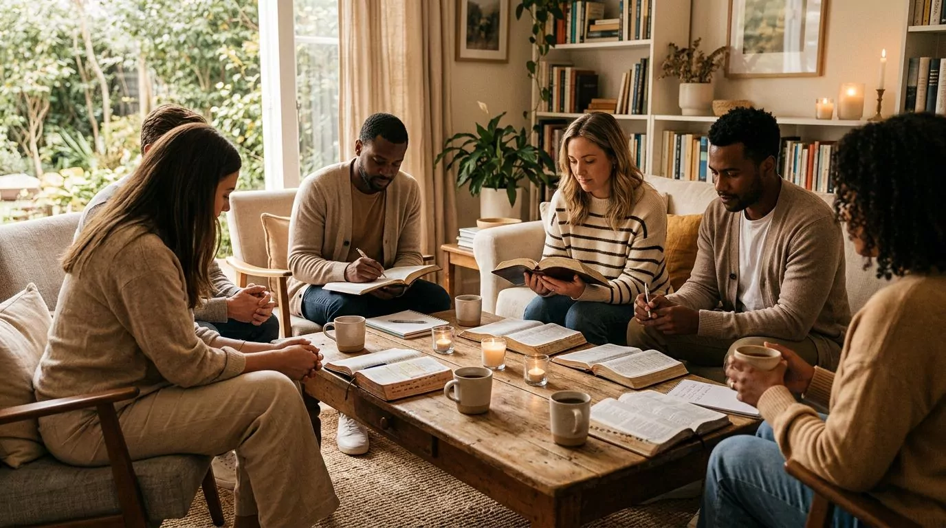 A diverse group of people enjoying a Bible study together in a cozy setting
