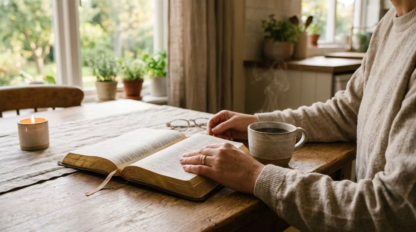 Person reading Bible at kitchen table with morning coffee