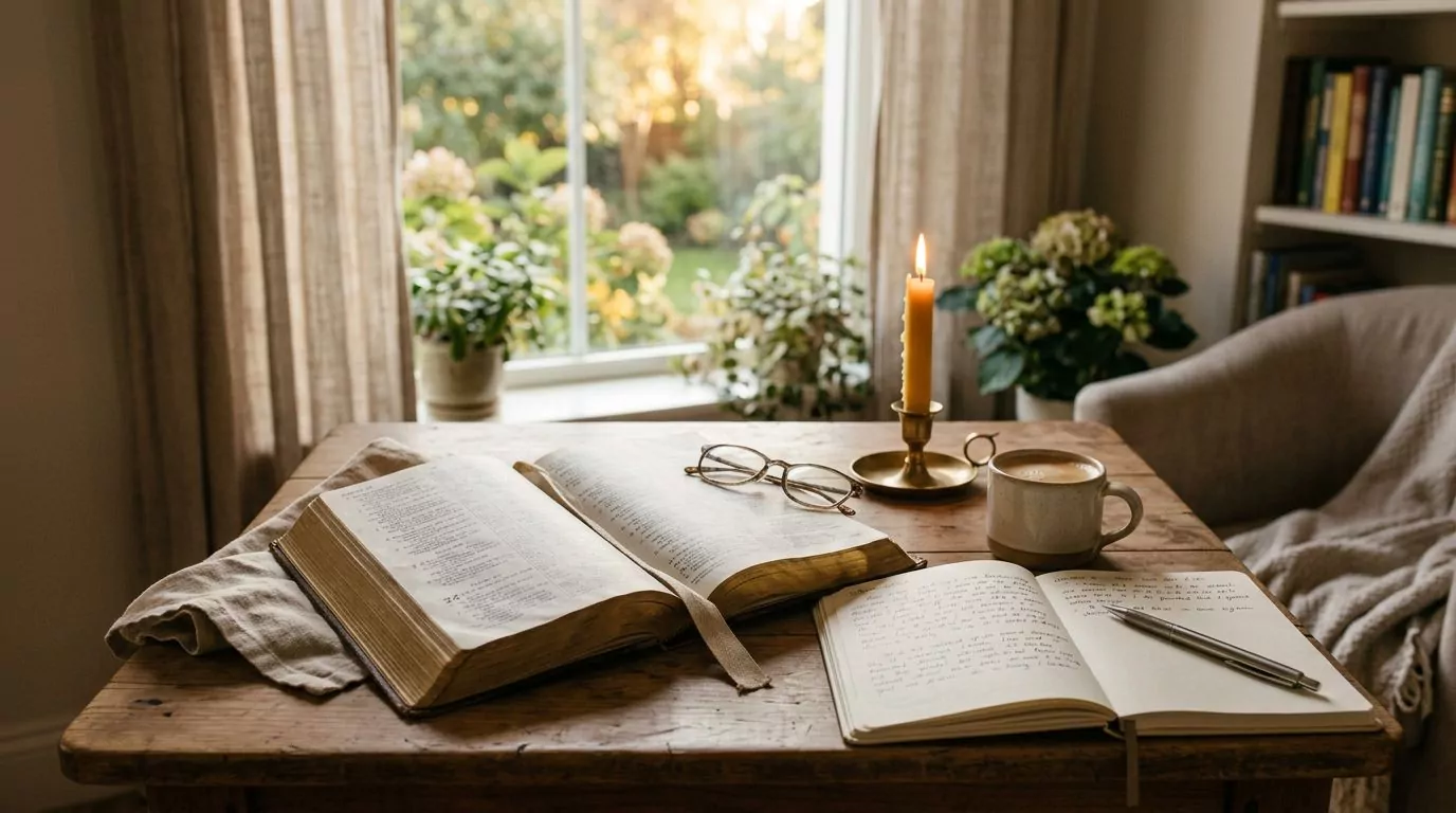 Peaceful Bible study scene with open Bible and journal
