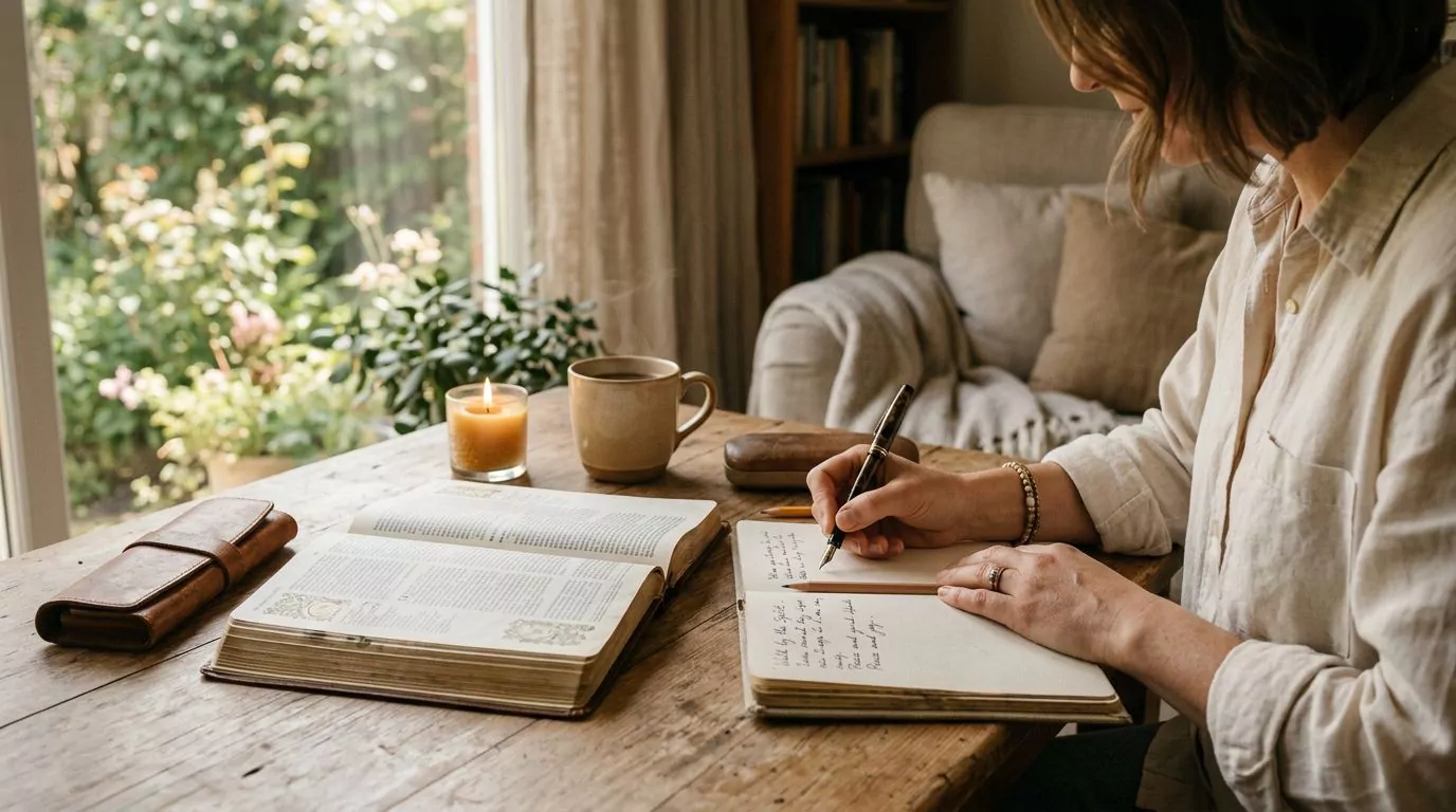 Peaceful Bible study scene with someone writing notes in a journal next to an open Bible
