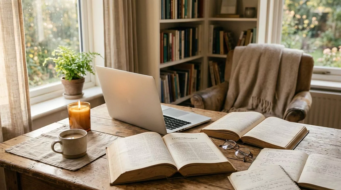 Study tools including a laptop and concordance