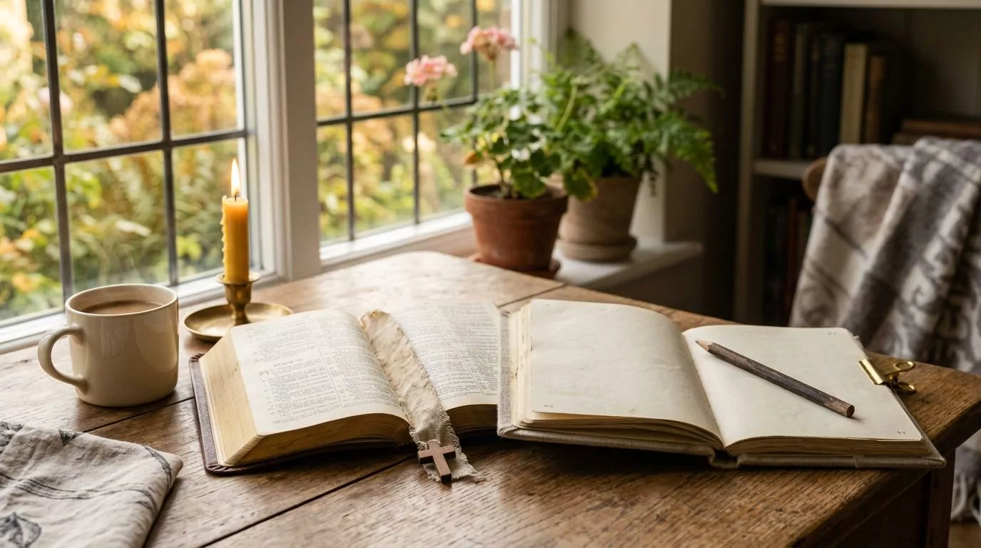 An open Bible with a journal on a wooden desk